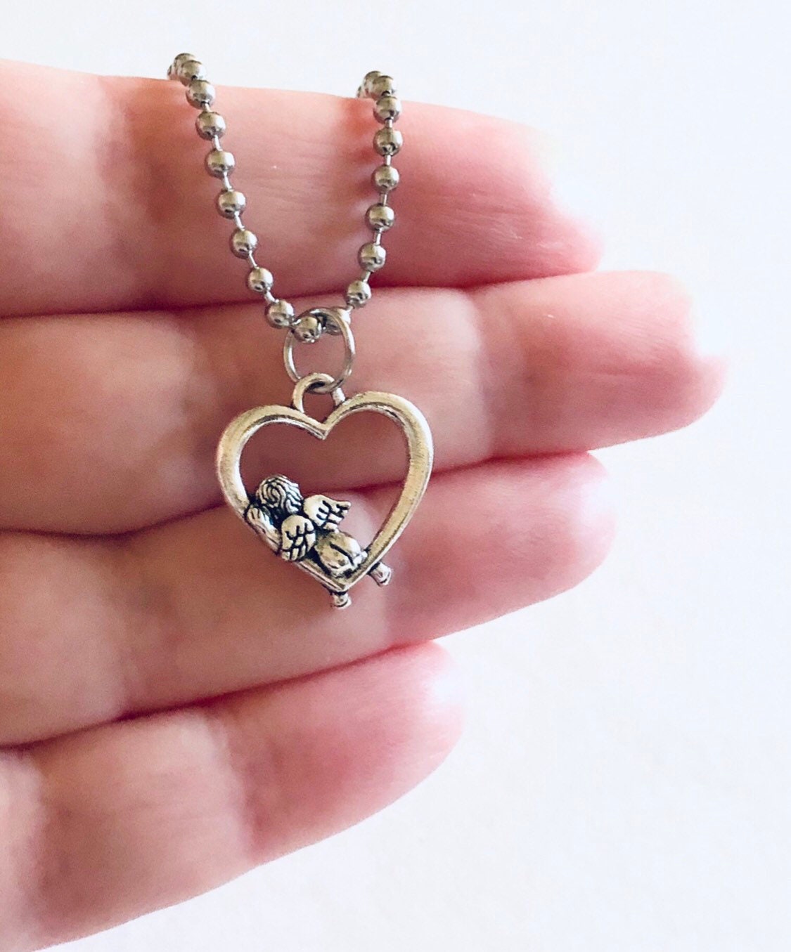 Cherub Necklace, Baby Angel Cherubs Silver Necklace, Heaven Sent Wings Stainless Steel Ball Chain Dainty Pretty