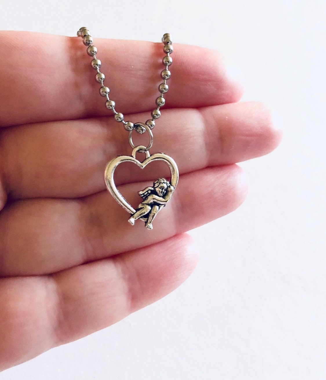 Cherub Necklace, Baby Angel Cherubs Silver Necklace, Heaven Sent Wings Stainless Steel Ball Chain Dainty Pretty