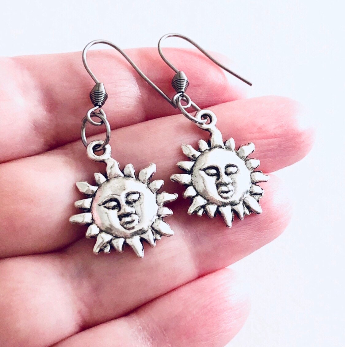 Sun Earrings, Celestial Earrings, with Stainless Steel Ear Hook, Fish Hooks, Sun Goddess Witchy Woman Wicca Wiccan Pagan Sun Face