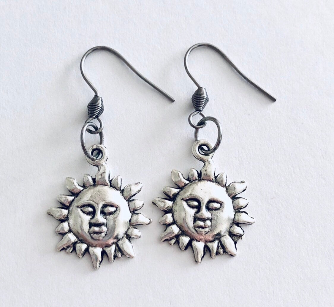 Sun Earrings, Celestial Earrings, with Stainless Steel Ear Hook, Fish Hooks, Sun Goddess Witchy Woman Wicca Wiccan Pagan Sun Face