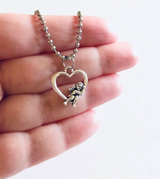 Cherub Necklace, Baby Angel Cherubs Silver Necklace, Heaven Sent Wings Stainless Steel Ball Chain Dainty Pretty