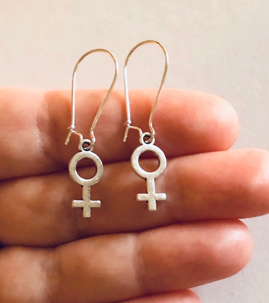 Girl Power Venus Female Symbol Silver Drop Dangle Earrings Jewelry, Lesbian Female Empowerment Earrings