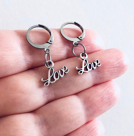 Silver Mini Hoops with Love Charm, Stainless Steel Hoop Earrings