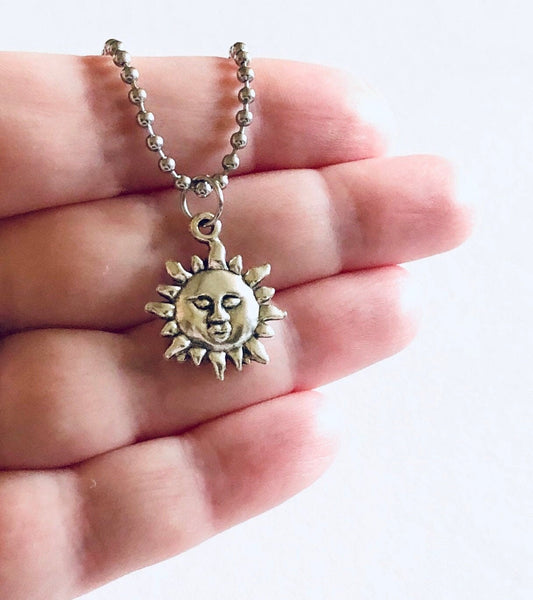 Celestial Dainty Sun Necklace with Face, Stainless Steel Ball Chain Necklace, with Silver Sun Charm, Sun Goddess, Wicca Wiccan