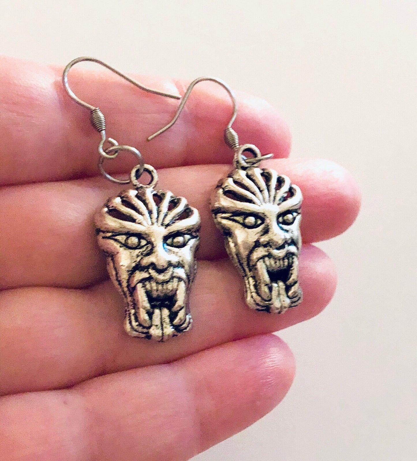 Mask Earrings, Demon Mask Earrings, Devil Vampire Dracula Earrings, Scary green man, Horror Spooky Halloween 666 Goth Gothic Punk