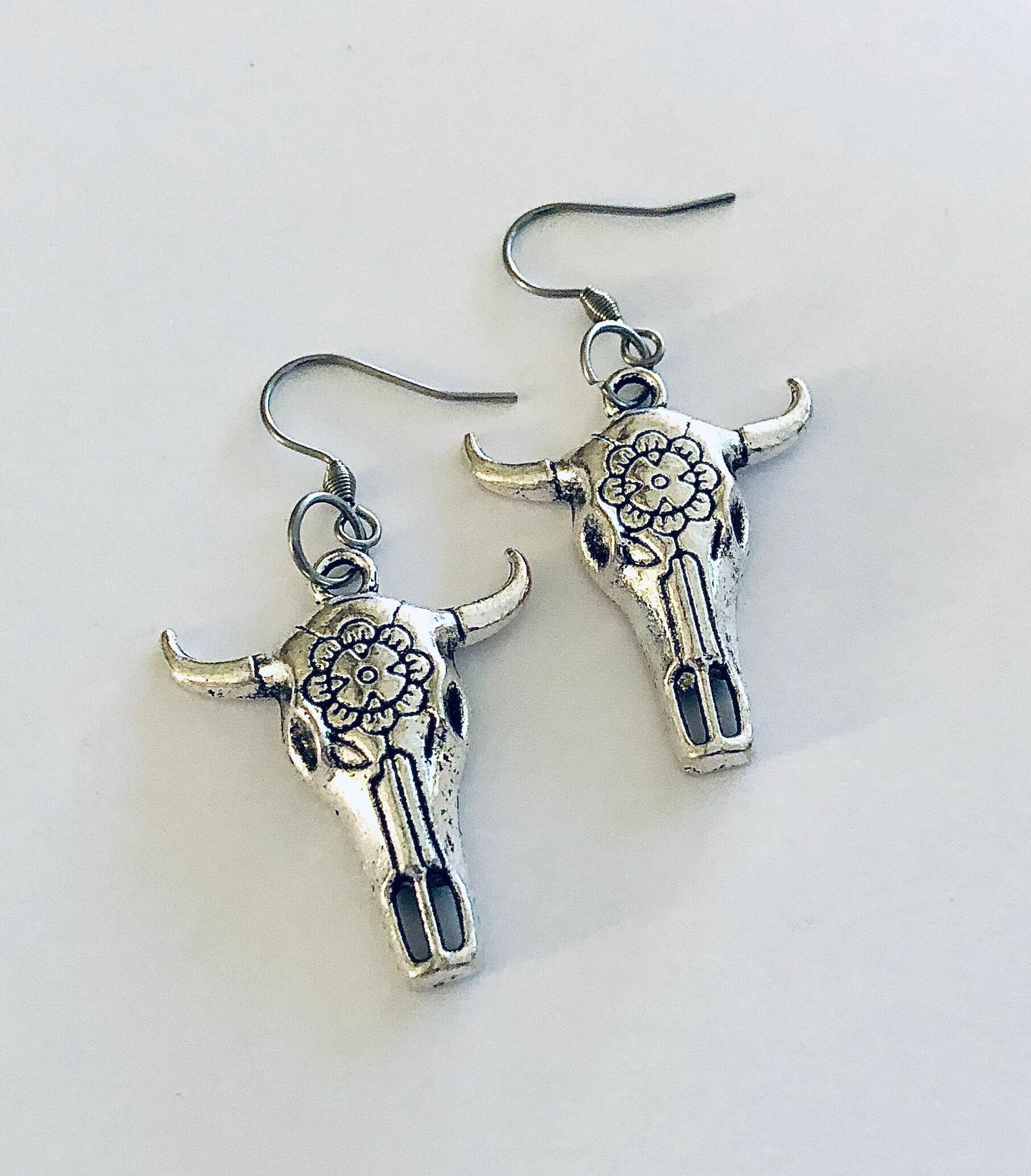 Bulls Head Skull Earrings, Bull Earrings, Skull Earrings, Hippie Hippy Boho, Silver Stainless Steel Fish Hooks