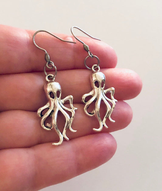 Octopus Earrings, Ocean Creatures At Sea Pirates Earrings, Goth Gothic Girl Punk Aesthetic, Silver Stainless Steel