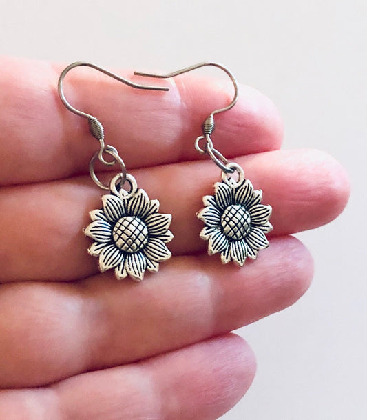 Sunflower Earrings, Silver Sunflowers Flower Flowers Floral Feminine Dainty Jewelry, Silver Stainless Steel Fish Hooks