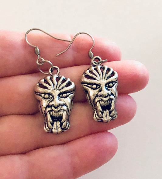 Mask Earrings, Demon Mask Earrings, Devil Vampire Dracula Earrings, Scary green man, Horror Spooky Halloween 666 Goth Gothic Punk