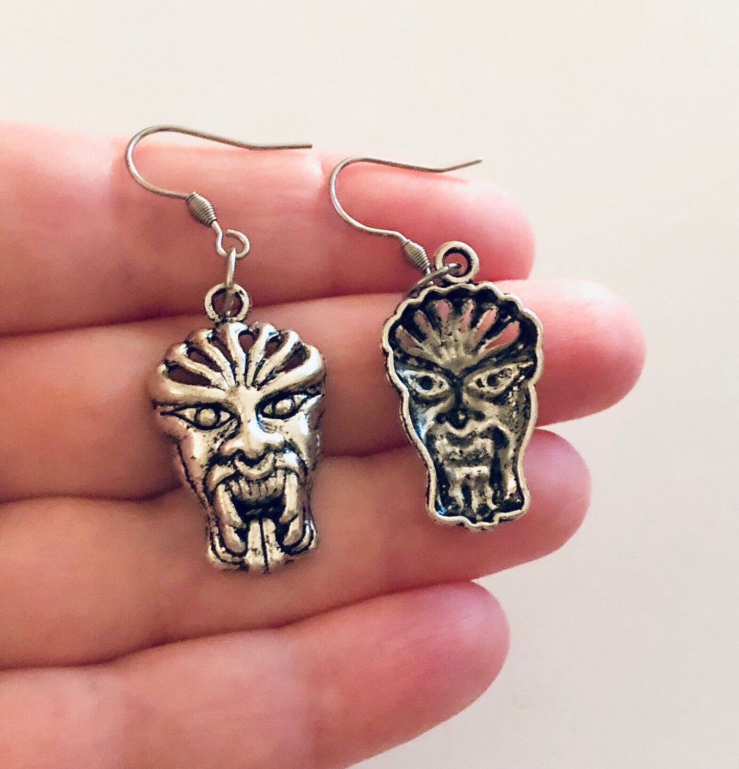 Mask Earrings, Demon Mask Earrings, Devil Vampire Dracula Earrings, Scary green man, Horror Spooky Halloween 666 Goth Gothic Punk