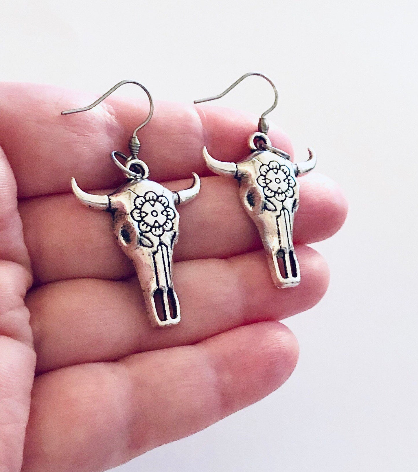 Bulls Head Skull Earrings, Bull Earrings, Skull Earrings, Hippie Hippy Boho, Silver Stainless Steel Fish Hooks