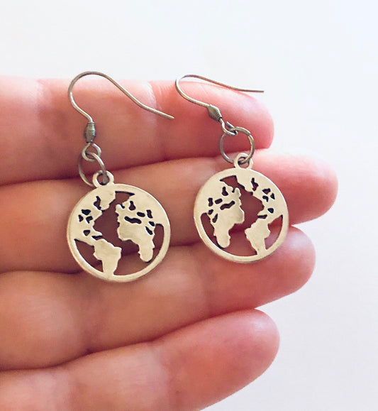 The World Earrings, Globe Earrings, Hippie Boho Bohemian Jewelry Hippies Hippy, Save the Earth, Stainless Steel Fish Hooks