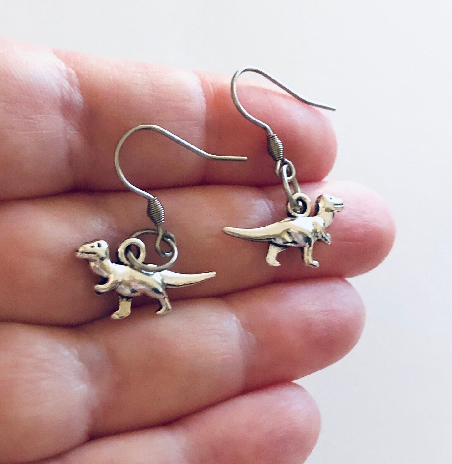 Dinosaur Earrings, Trex Earrings, Prehistoric Jurassic Dinosaurs Silver Jewelry, Stainless Steel Fish Hooks