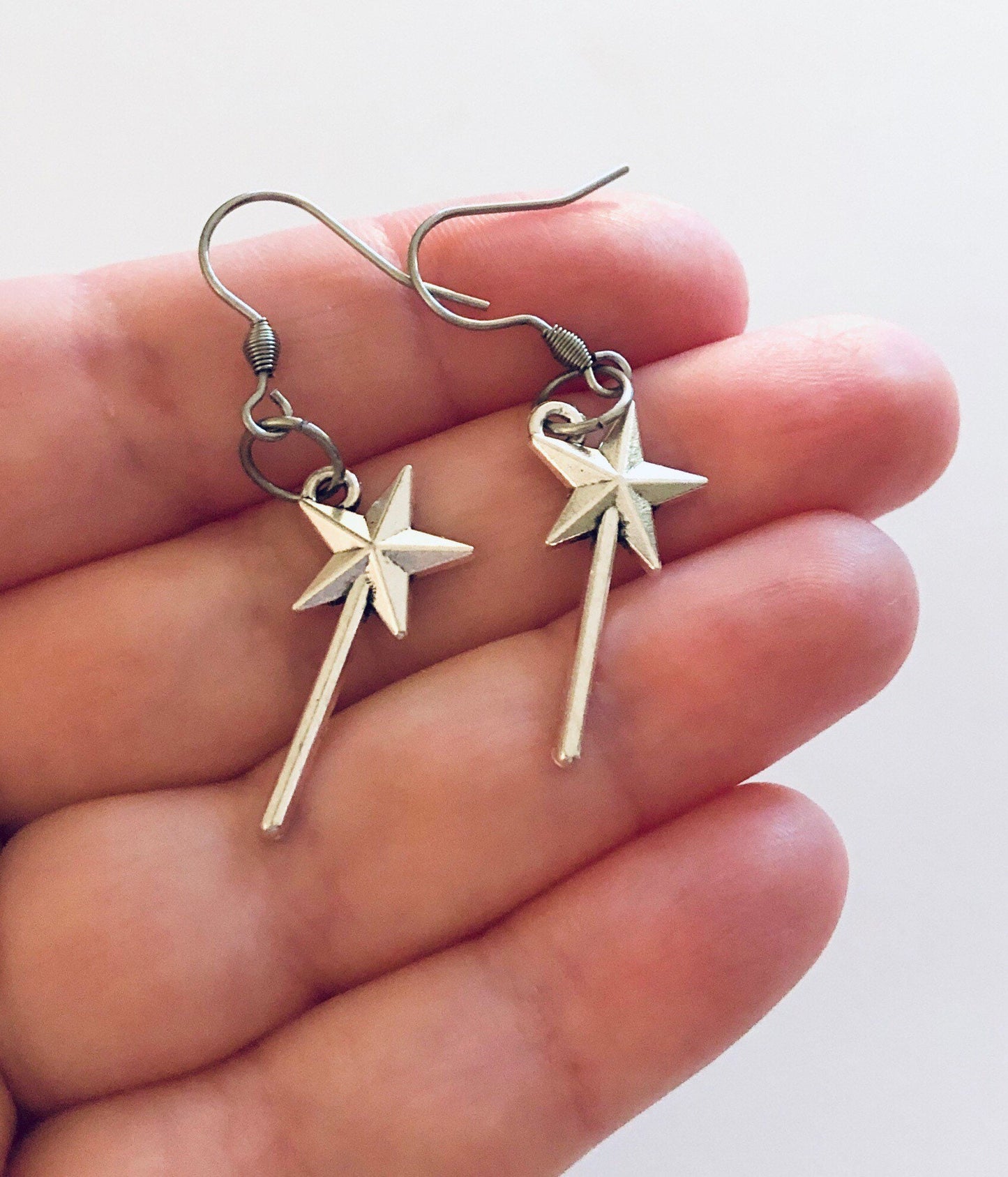 Fairy Wand Earrings, Magical Fairy Godmother Magic Wand Stars Silver Charm Jewelry, Stainless Steel Fish Hooks