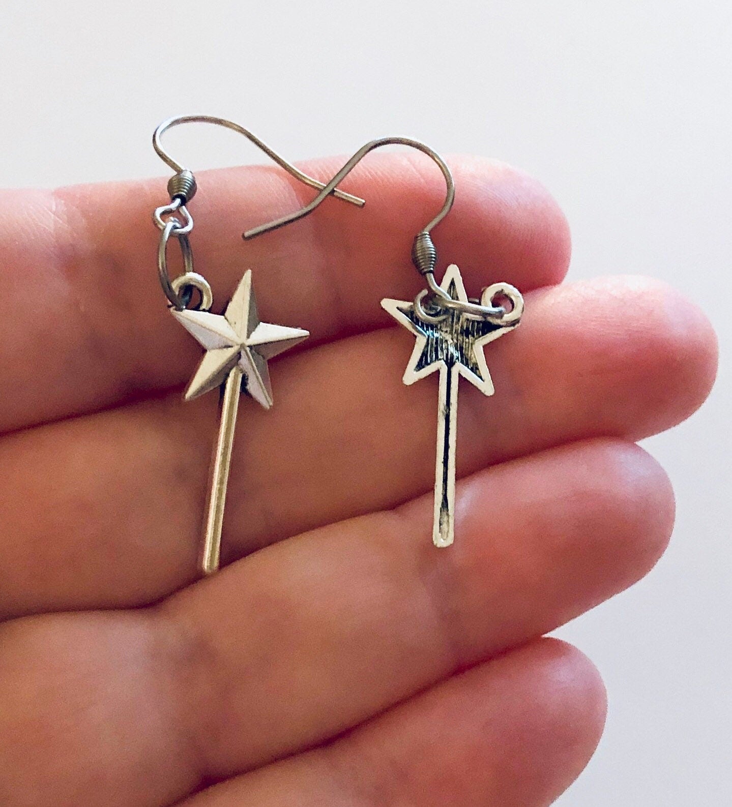 Fairy Wand Earrings, Magical Fairy Godmother Magic Wand Stars Silver Charm Jewelry, Stainless Steel Fish Hooks