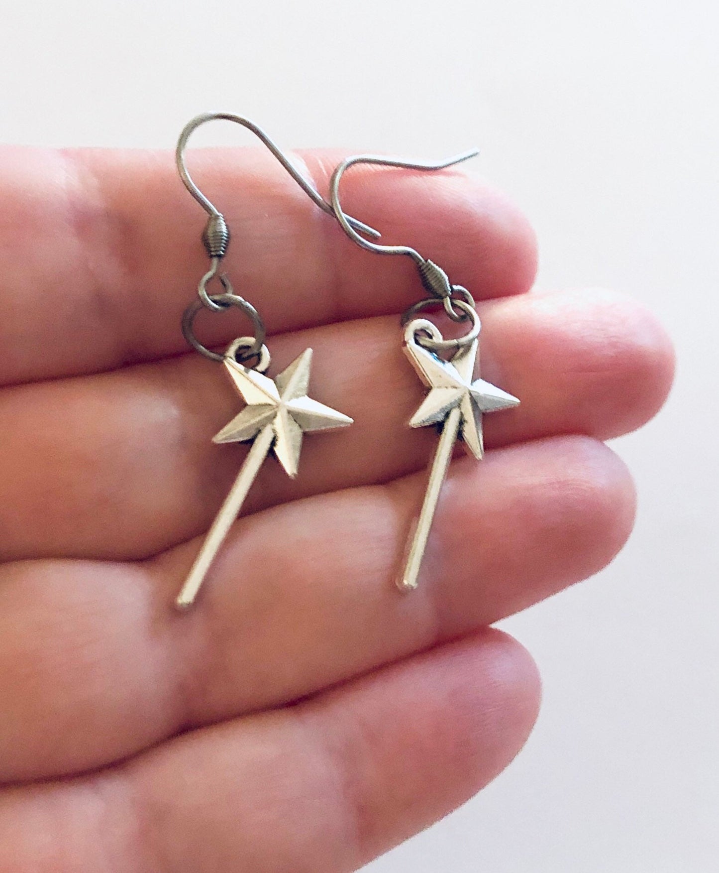 Fairy Wand Earrings, Magical Fairy Godmother Magic Wand Stars Silver Charm Jewelry, Stainless Steel Fish Hooks