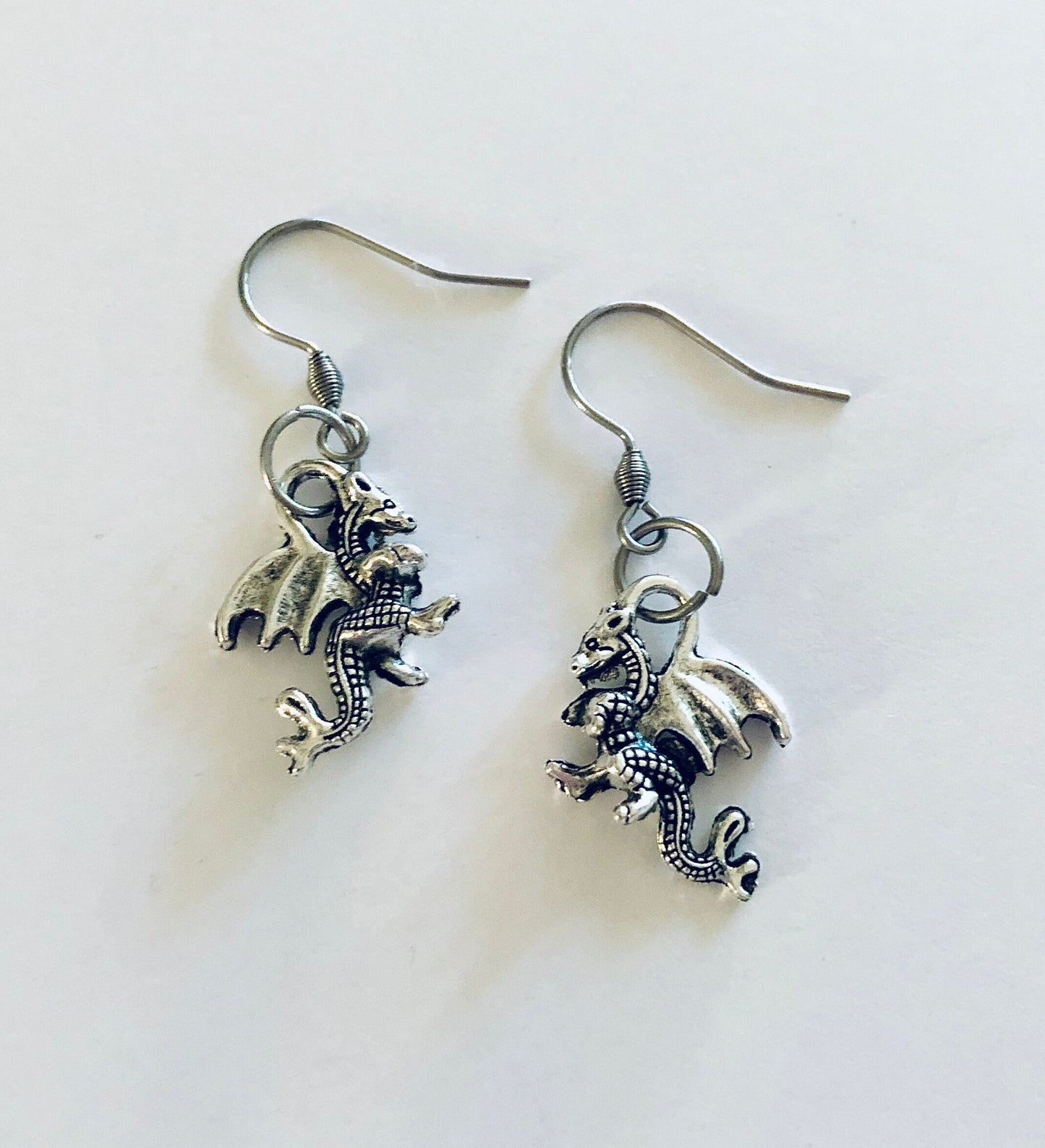 Dragon Earring, Mythical Silver Magical Dragons, Esoteric Occult Jewelry Serpent, Stainless Steel Fish Hooks