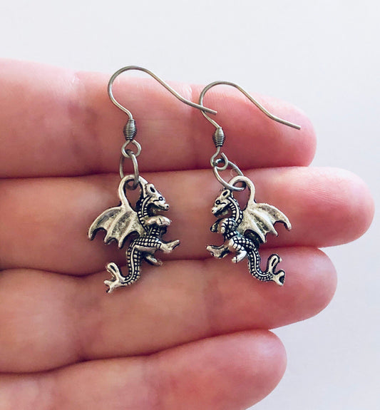 Dragon Earring, Mythical Silver Magical Dragons, Esoteric Occult Jewelry Serpent, Stainless Steel Fish Hooks