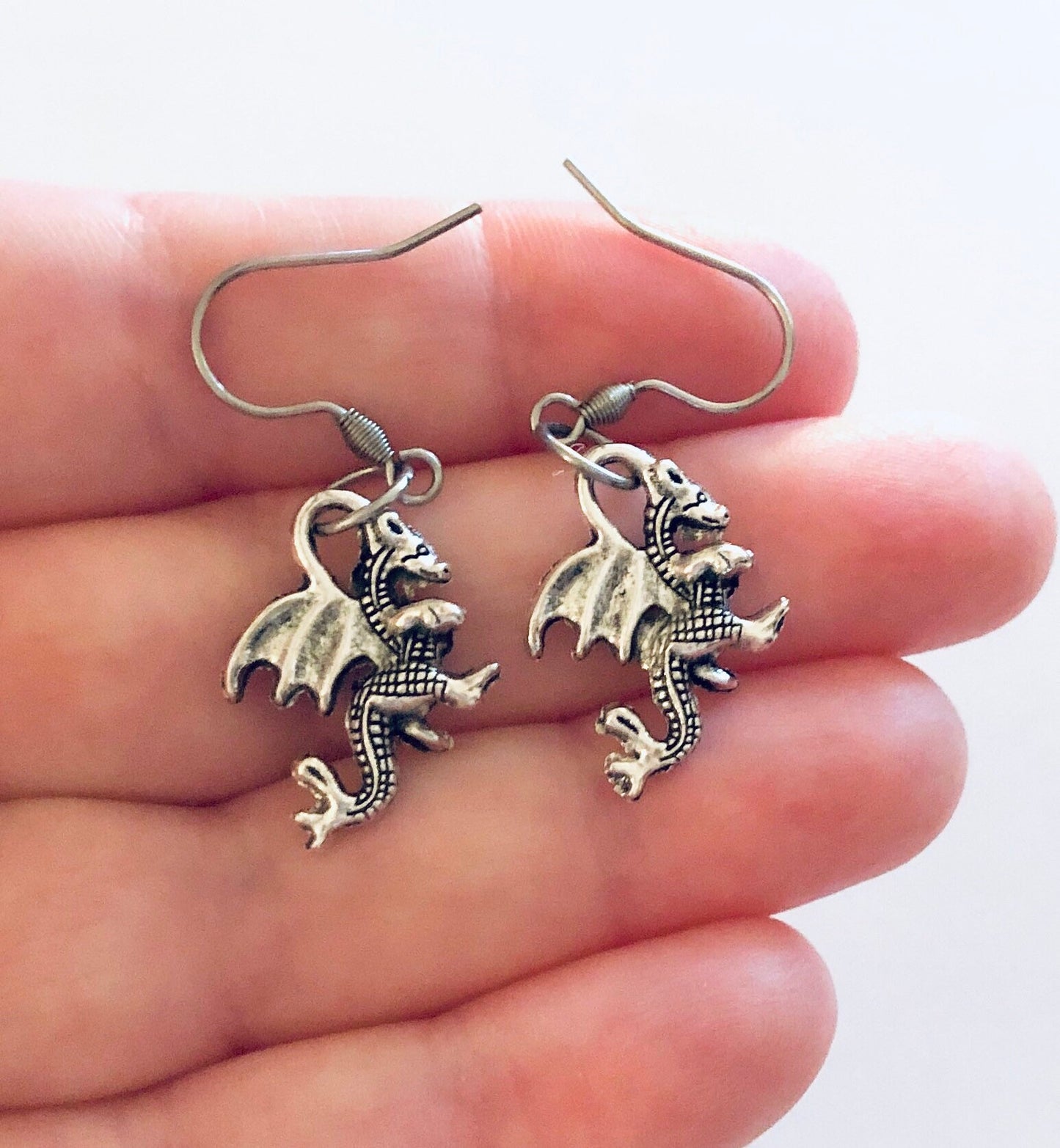 Dragon Earring, Mythical Silver Magical Dragons, Esoteric Occult Jewelry Serpent, Stainless Steel Fish Hooks