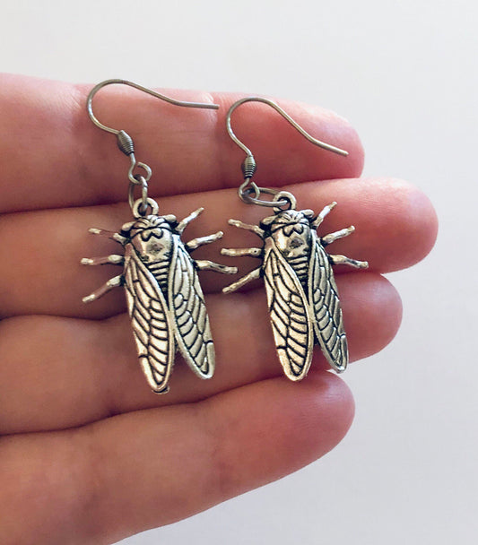 Fly Earrings, Cicada Earrings, Cockroach Earrings, Goth Gothic Girl Jewelry, Creepy Crawly Stainless Steel Fish Hooks