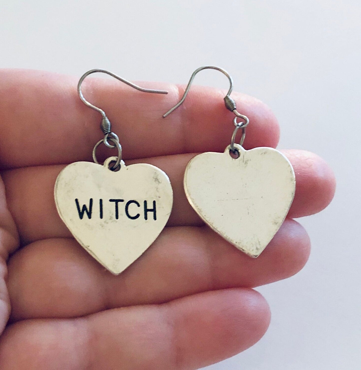 Witch Earrings, Silver Heart Earrings Witch, Witch Woman Wiccan Wicca, Esoteric Occult Jewelry, Goth Gothic Punk