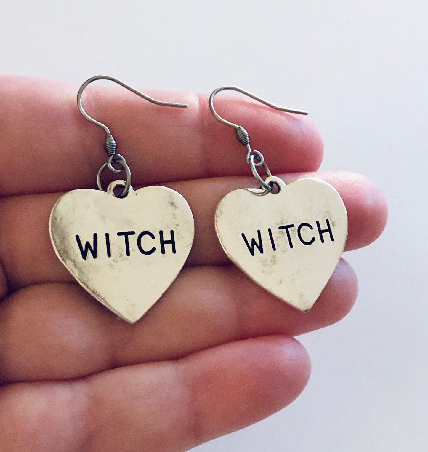 Witch Earrings, Silver Heart Earrings Witch, Witch Woman Wiccan Wicca, Esoteric Occult Jewelry, Goth Gothic Punk