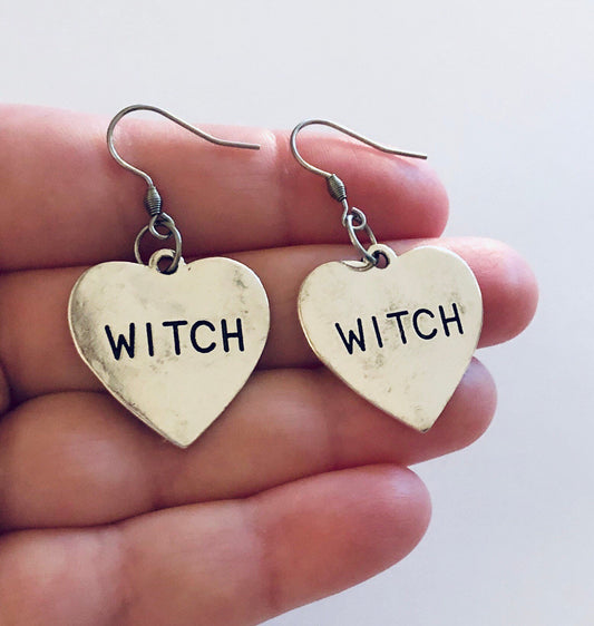 Witch Earrings, Silver Heart Earrings Witch, Witch Woman Wiccan Wicca, Esoteric Occult Jewelry, Goth Gothic Punk