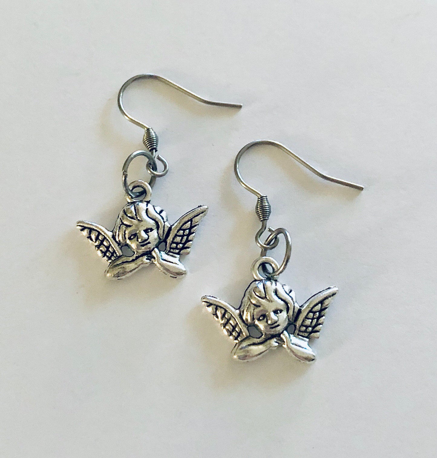 Silver Cherub Earrings, Angel Earrings, Heaven Sent, Angel with Wings, Kidcore Aesthetic Cute, Stainless Steel Fish Hooks