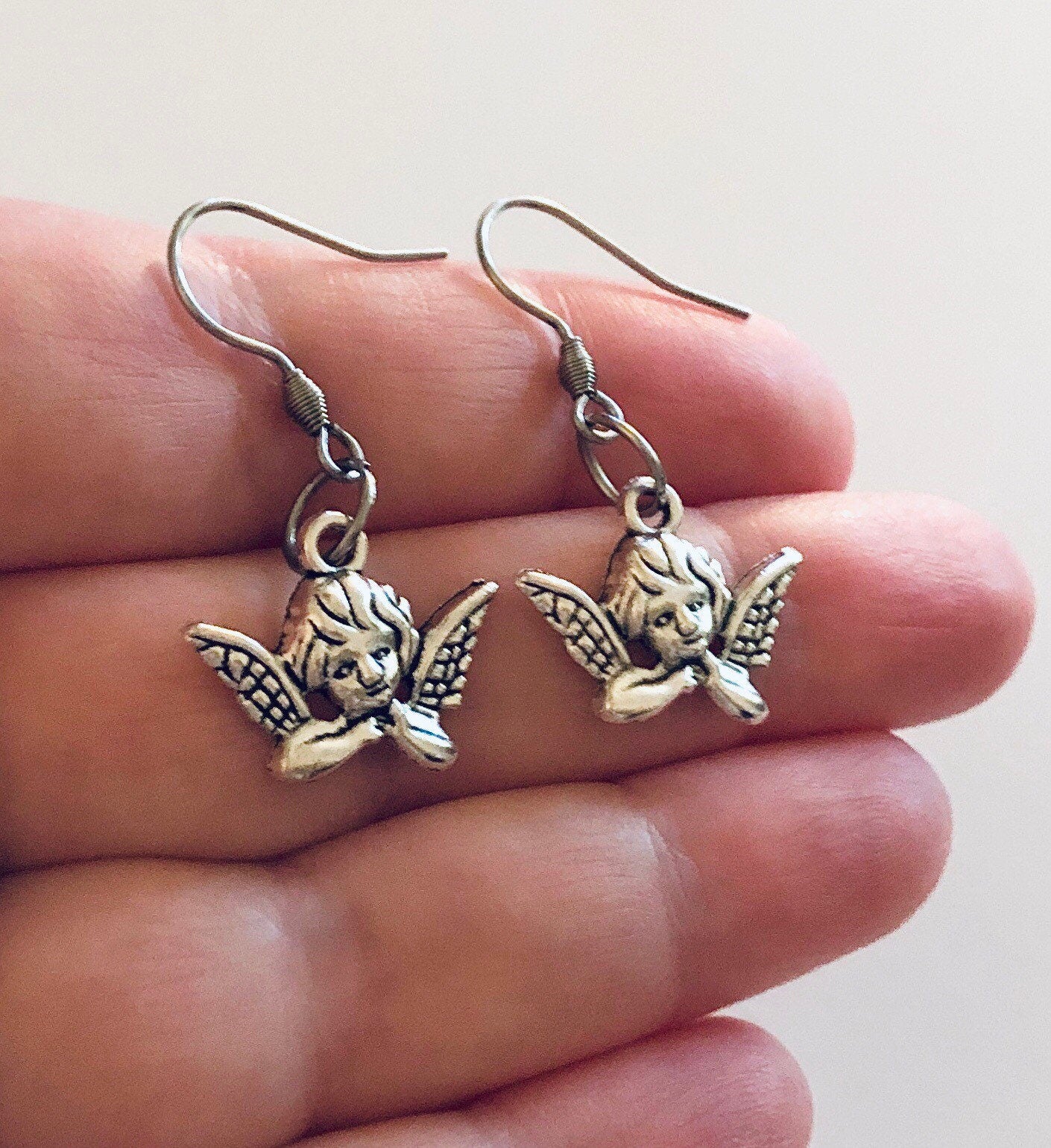 Silver Cherub Earrings, Angel Earrings, Heaven Sent, Angel with Wings, Kidcore Aesthetic Cute, Stainless Steel Fish Hooks