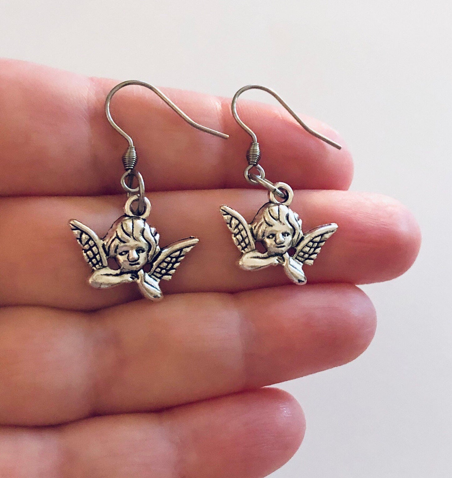 Silver Cherub Earrings, Angel Earrings, Heaven Sent, Angel with Wings, Kidcore Aesthetic Cute, Stainless Steel Fish Hooks