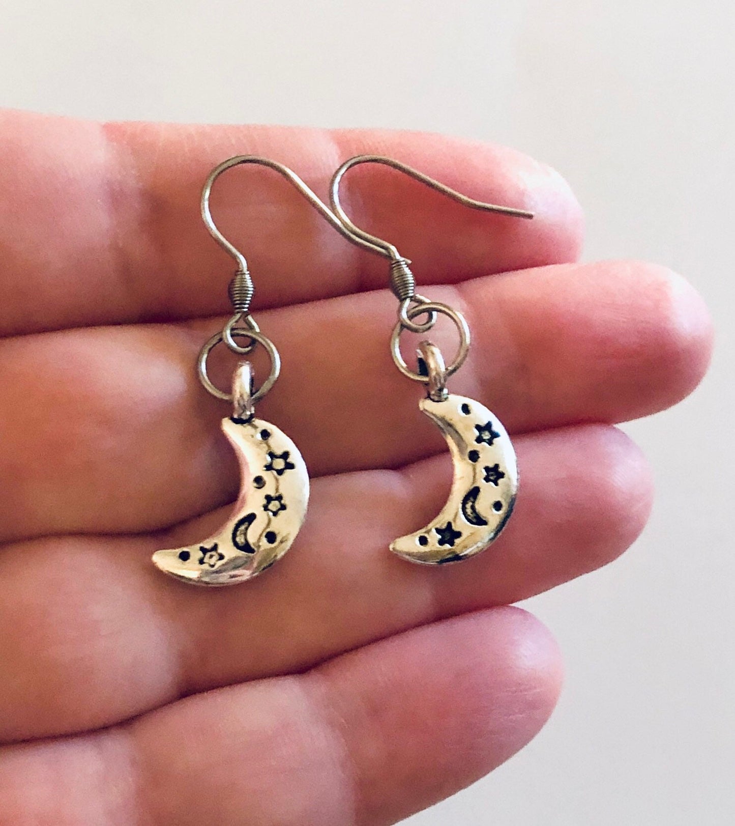 Half Moon Earrings Celestial Witchy Woman Moon Goddess, Wicca Wiccan Witch Pagan, Silver Engraved Moon Fish Hook Earrings