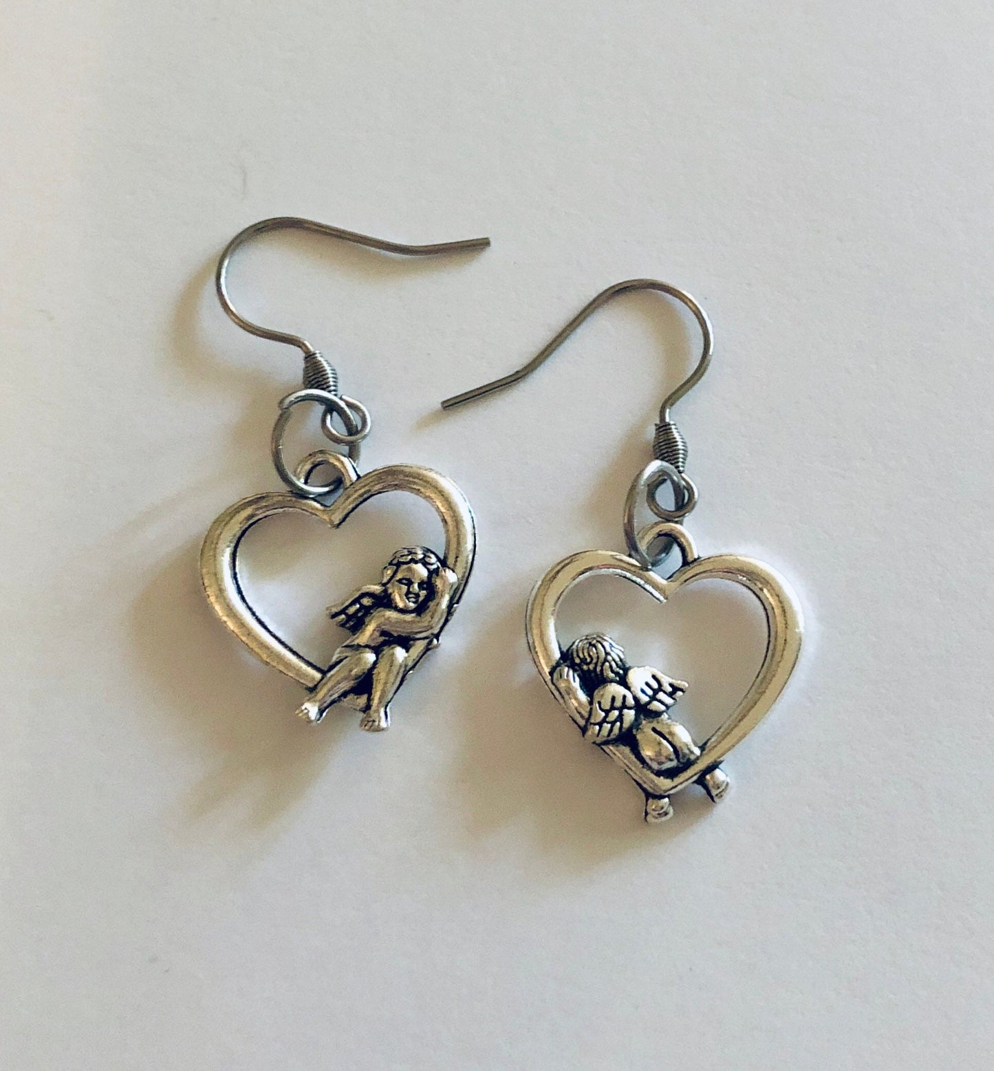 Cherub Earrings, Silver Heart Baby Angel Earrings, Angels with Wings Heaven, Kidcore Aesthetic Cute Kawaii, Stainless Steel Fish Foot