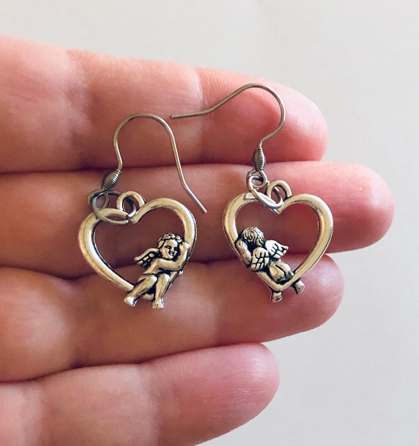 Cherub Earrings, Silver Heart Baby Angel Earrings, Angels with Wings Heaven, Kidcore Aesthetic Cute Kawaii, Stainless Steel Fish Foot