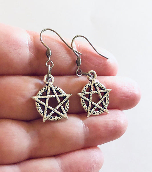 Pentagram Earrings, Silver Star Wicca Earrings, Wiccan Witch Pagan Paganism Witchcraft Spells, Esoteric Occult Jewelry, Stainless Steel Fish Hook