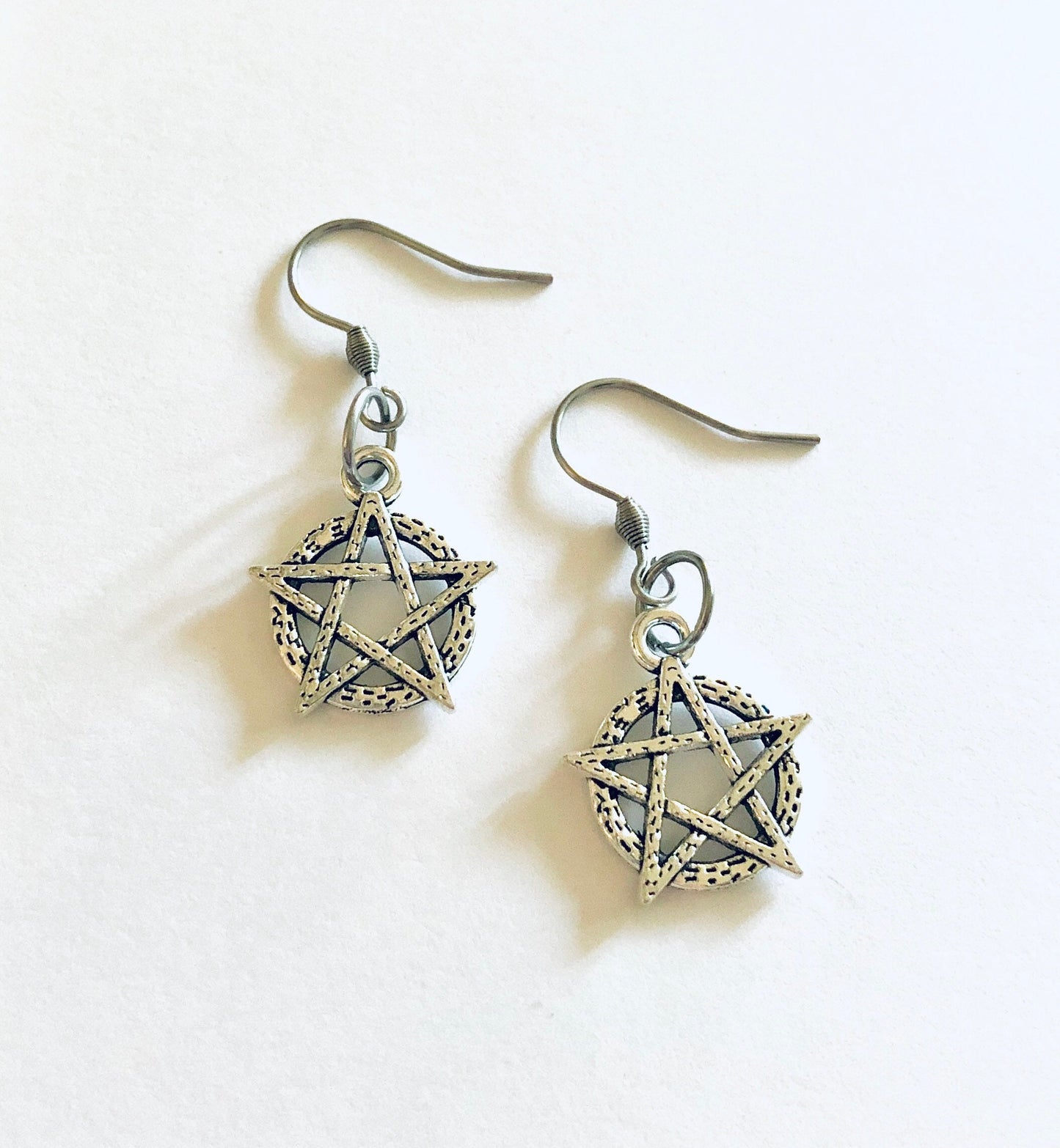 Pentagram Earrings, Silver Star Wicca Earrings, Wiccan Witch Pagan Paganism Witchcraft Spells, Esoteric Occult Jewelry, Stainless Steel Fish Hook