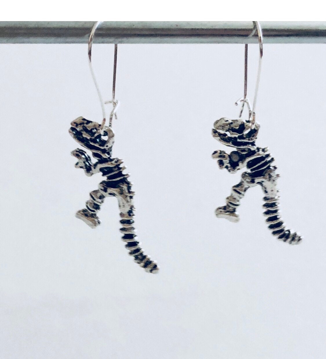 Skeleton Dinosaur Earrings, Silver Drop Dangle Skeleton Dinosaurs Jewelry Jurassic Prehistoric Beasts, Kidcore Aesthetic Geekery Geeks