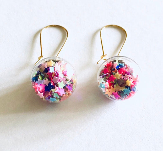 Rainbow Ball Gold Earrings, 3D Glass Balls with Rainbow Sparkle Stars Earrings, Glitter Christmas Earrings New Year Party LGBTQ Gay Pride