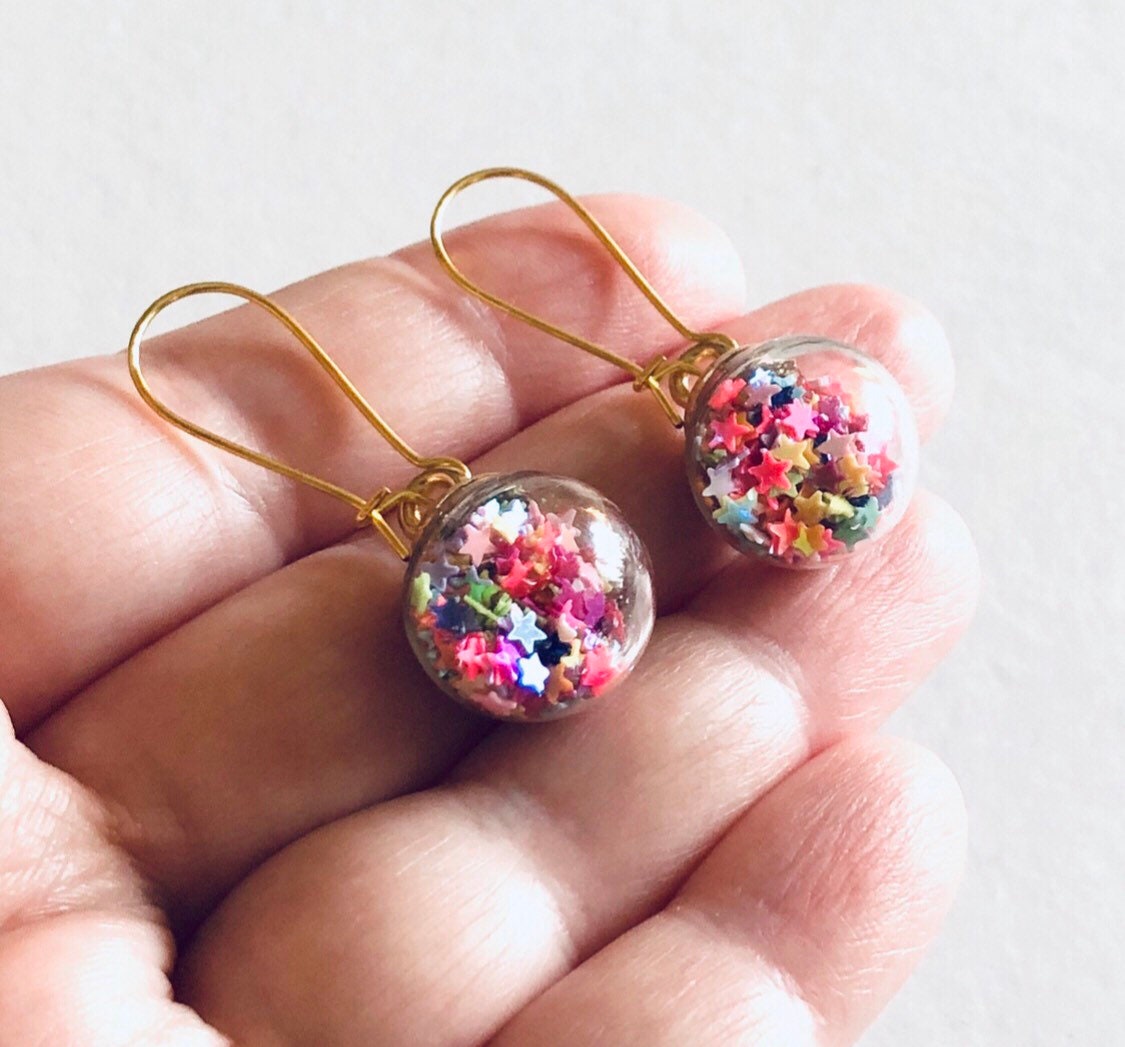 Rainbow Ball Gold Earrings, 3D Glass Balls with Rainbow Sparkle Stars Earrings, Glitter Christmas Earrings New Year Party LGBTQ Gay Pride