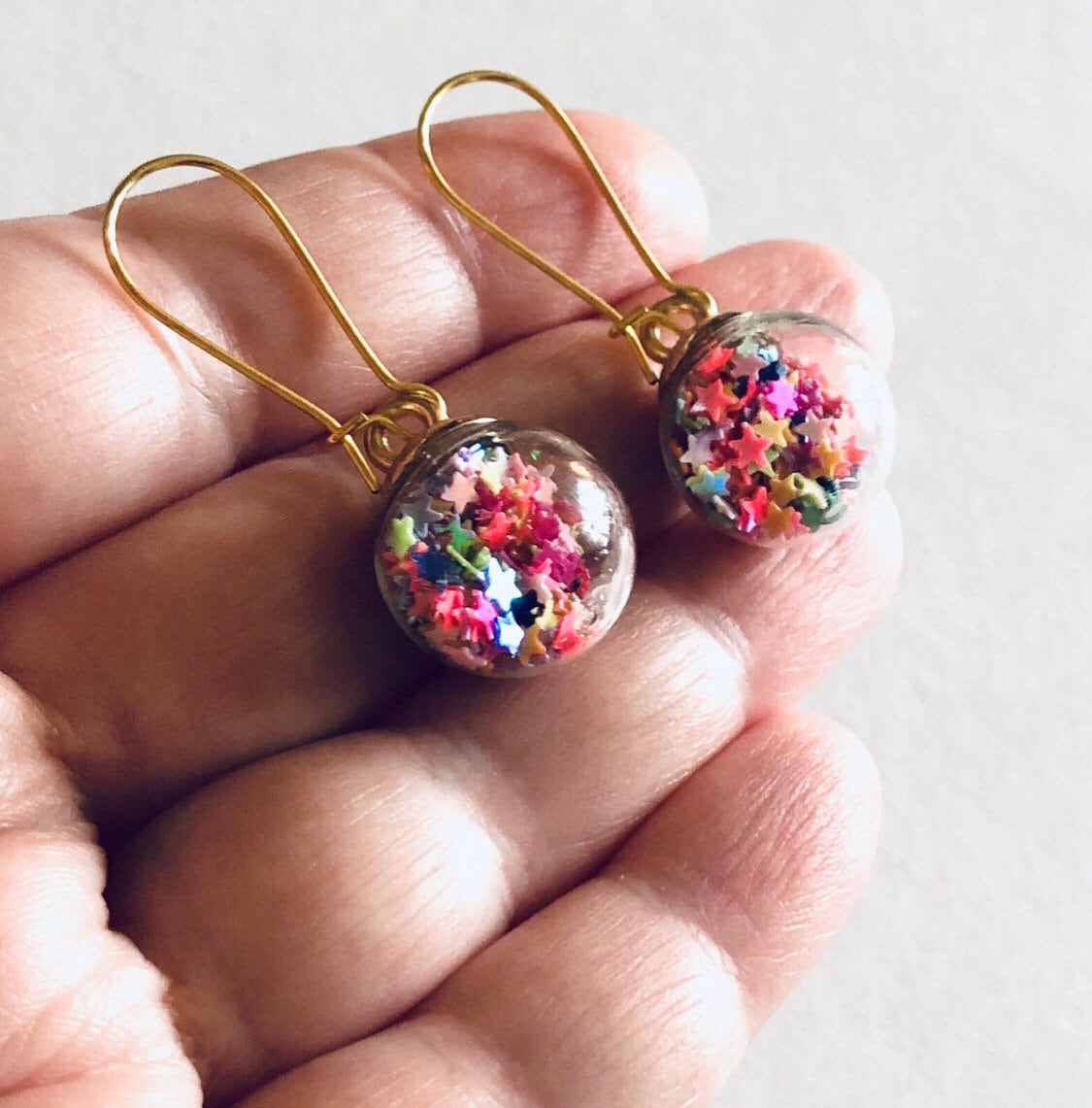 Rainbow Ball Gold Earrings, 3D Glass Balls with Rainbow Sparkle Stars Earrings, Glitter Christmas Earrings New Year Party LGBTQ Gay Pride