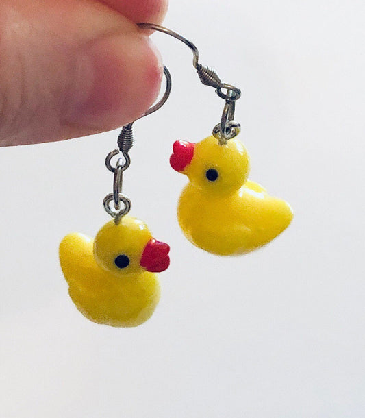 Rubber Duckie Earrings, Drop Dangle Yellow Duck Earrings Stainless Steel Fish Hooks Silver, Resin Ducks