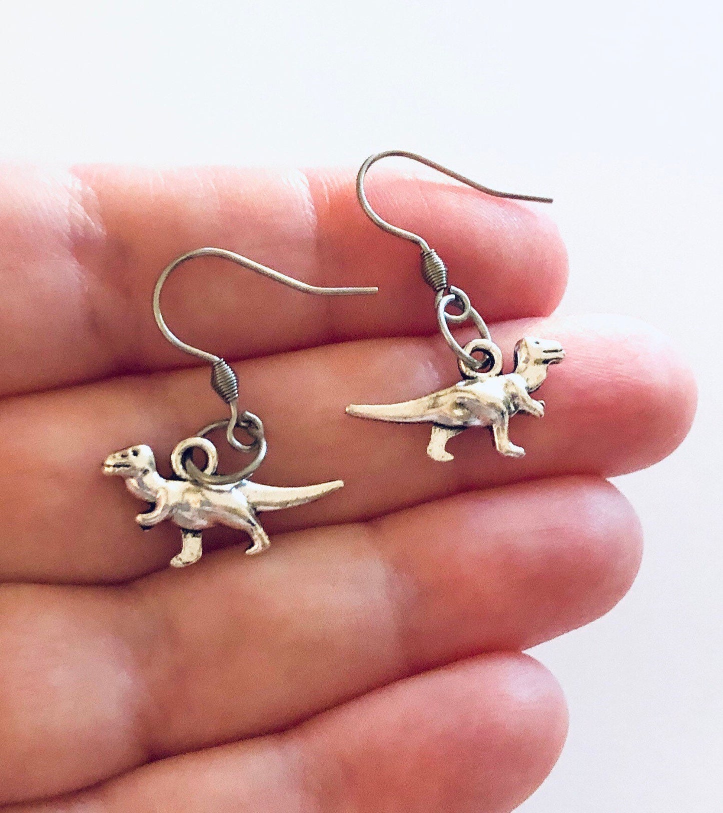 Dinosaur Earrings, Trex Earrings, Prehistoric Jurassic Dinosaurs Silver Jewelry, Stainless Steel Fish Hooks