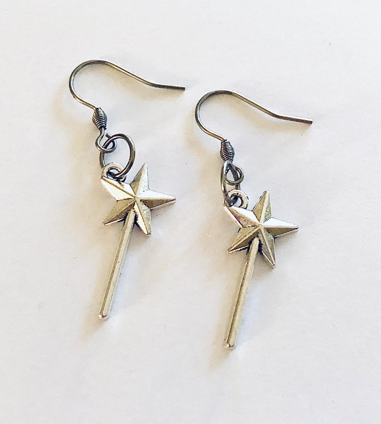 Fairy Wand Earrings, Magical Fairy Godmother Magic Wand Stars Silver Charm Jewelry, Stainless Steel Fish Hooks