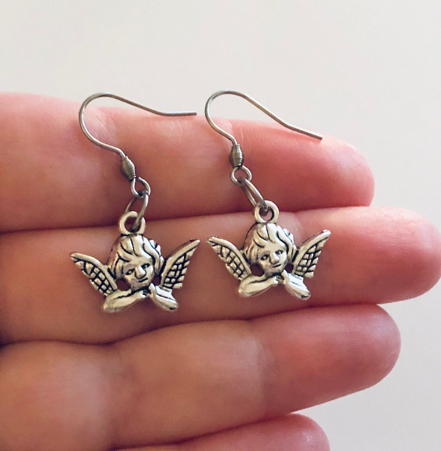 Silver Cherub Earrings, Angel Earrings, Heaven Sent, Angel with Wings, Kidcore Aesthetic Cute, Stainless Steel Fish Hooks