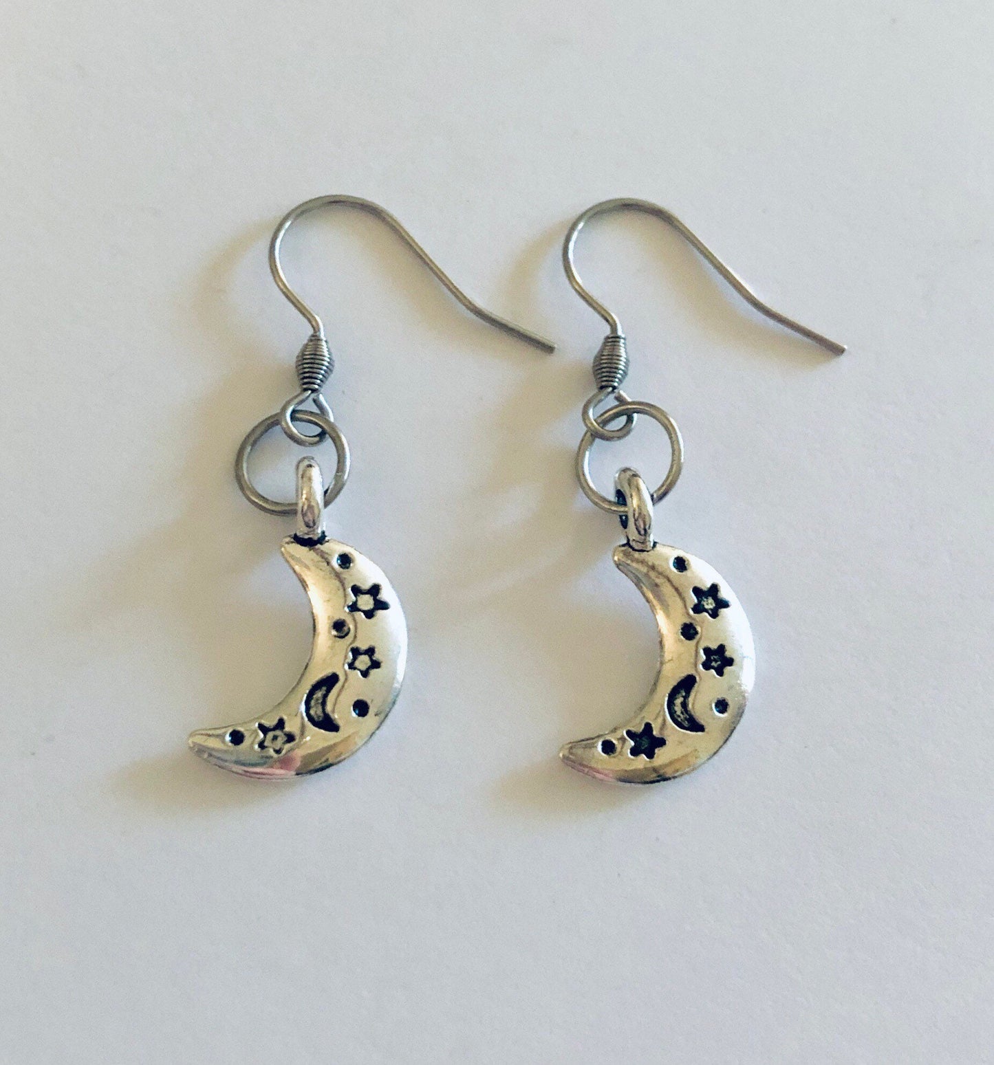 Half Moon Earrings Celestial Witchy Woman Moon Goddess, Wicca Wiccan Witch Pagan, Silver Engraved Moon Fish Hook Earrings