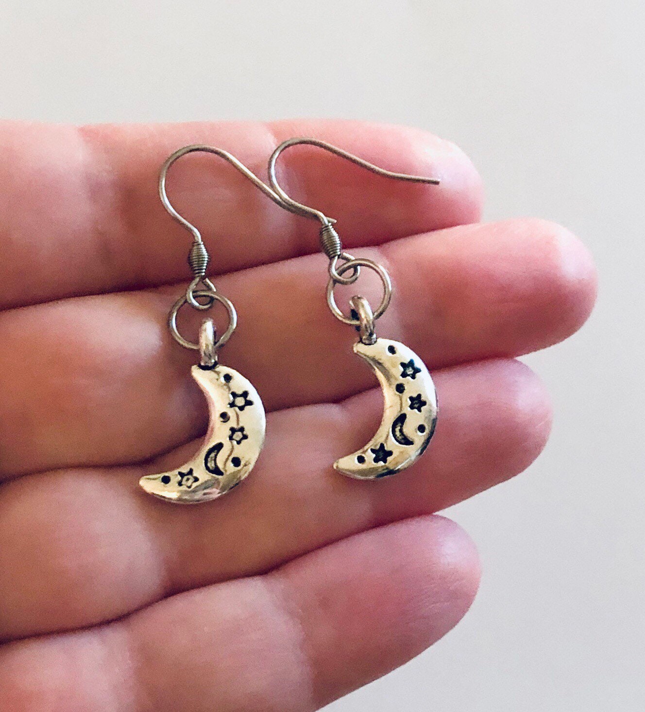 Half Moon Earrings Celestial Witchy Woman Moon Goddess, Wicca Wiccan Witch Pagan, Silver Engraved Moon Fish Hook Earrings