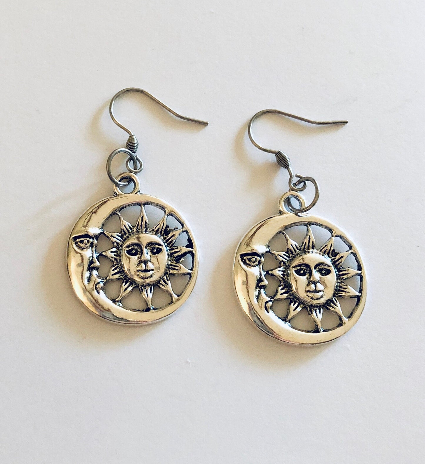 Celestial Earrings, Silver Sun & Moon Earrings Moon Goddess Wicca Wiccan Witch Witchy Woman, Stainless Steel Fish Hooks