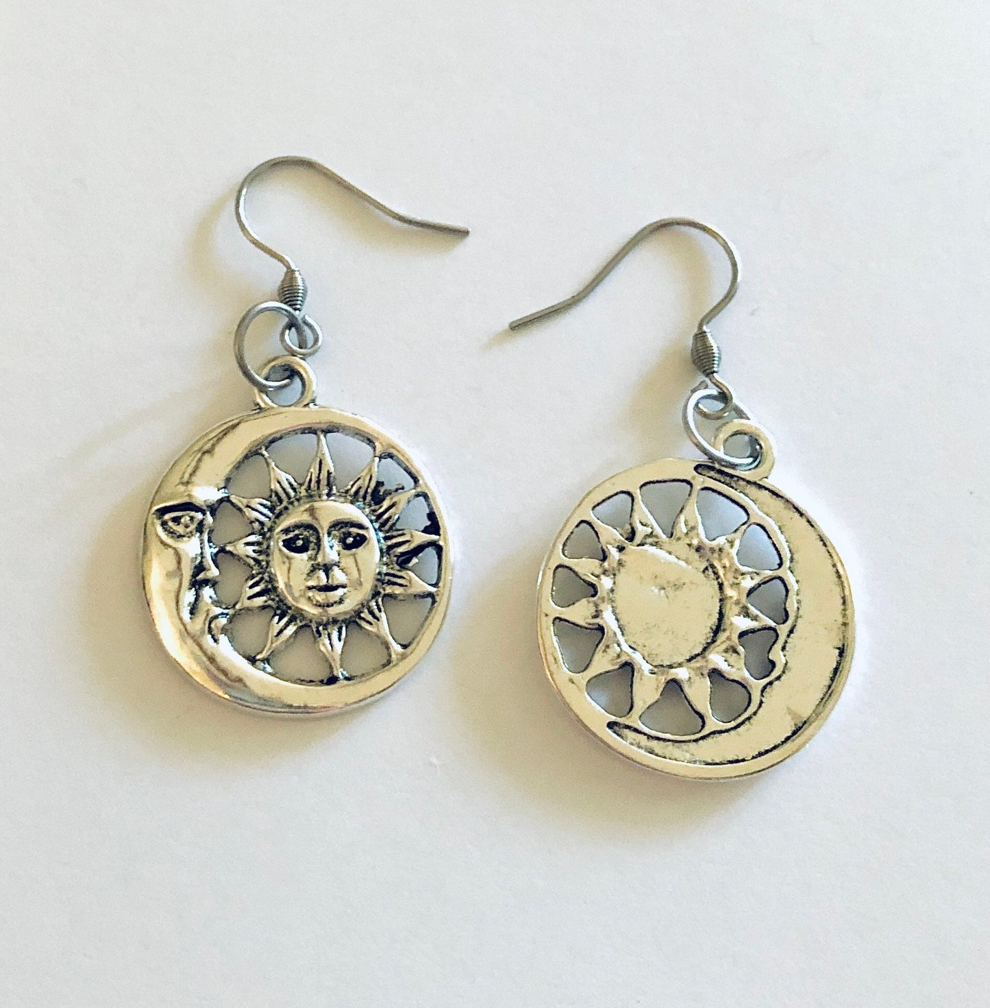 Celestial Earrings, Silver Sun & Moon Earrings Moon Goddess Wicca Wiccan Witch Witchy Woman, Stainless Steel Fish Hooks