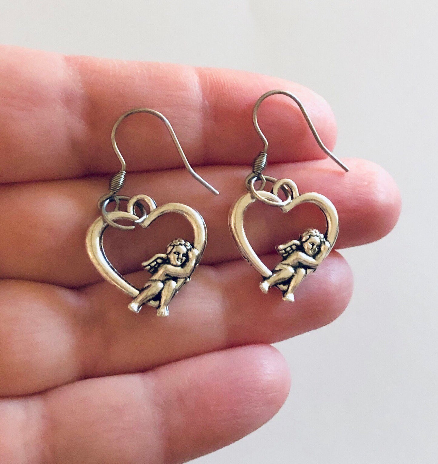 Cherub Earrings, Silver Heart Baby Angel Earrings, Angels with Wings Heaven, Kidcore Aesthetic Cute Kawaii, Stainless Steel Fish Foot