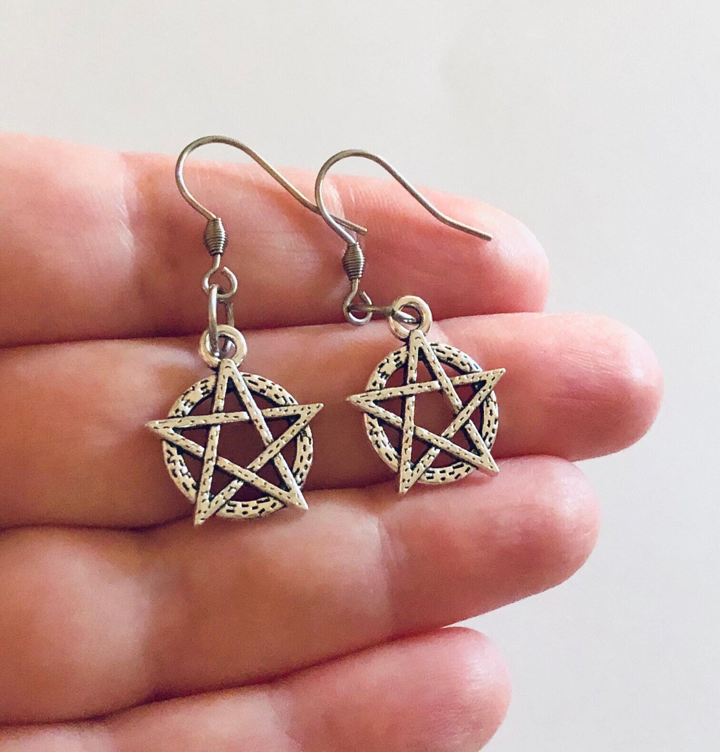 Pentagram Earrings, Silver Star Wicca Earrings, Wiccan Witch Pagan Paganism Witchcraft Spells, Esoteric Occult Jewelry, Stainless Steel Fish Hook