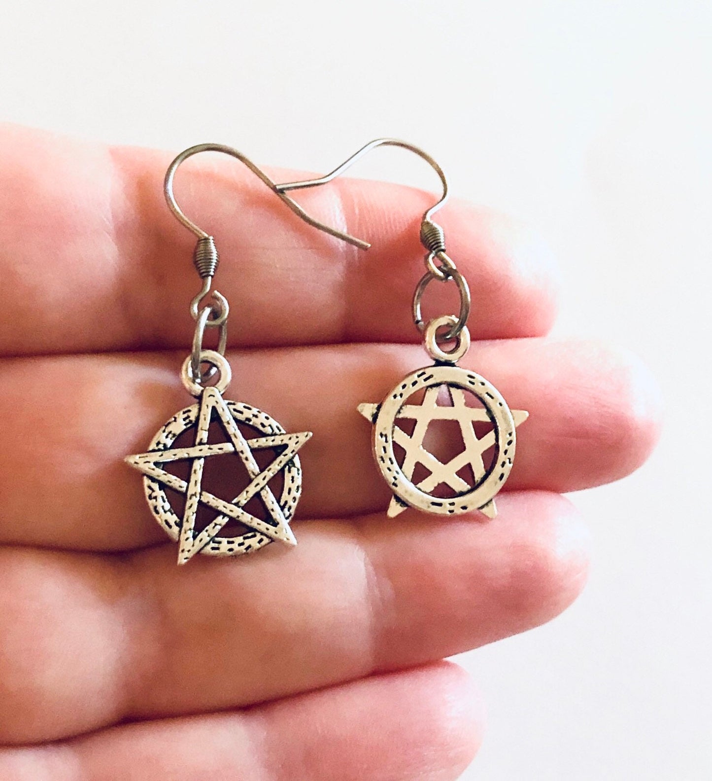 Pentagram Earrings, Silver Star Wicca Earrings, Wiccan Witch Pagan Paganism Witchcraft Spells, Esoteric Occult Jewelry, Stainless Steel Fish Hook